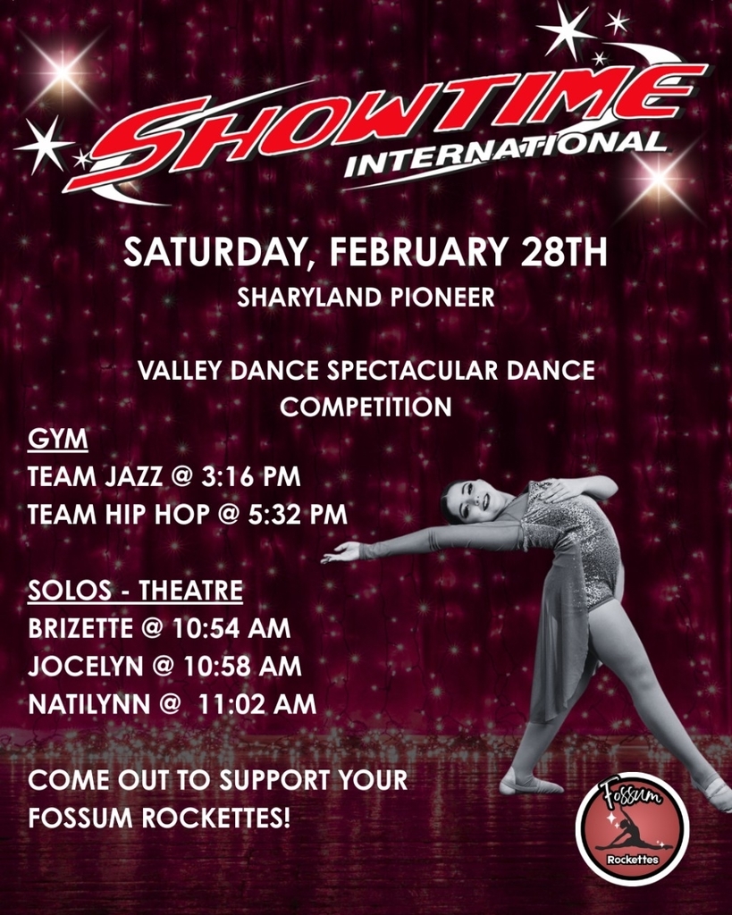 Red glitter-themed promotional graphic for Showtime International Valley Dance Spectacular on Saturday, February 28th at Sharyland Pioneer. Lists Fossum Rockettes team jazz and hip hop performance times, along with solo performances by Brizette, Jocelyn, and NatiLynn. A dancer image appears on the right with Fossum Rockettes logo.