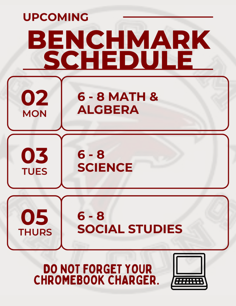Here’s our upcoming Benchmark Schedule: 📅 Monday (March 2nd) – 6–8 Math & Algebra 📅 Tuesday (March 3rd) – 8th Grade Science 📅 Thursday (March 5th) – 8th Grade Social Studies Make sure to get a good night’s sleep, eat breakfast, DON'T FORGET YOUR CHROMEBOOK CHARGER, and come ready to show what you know!