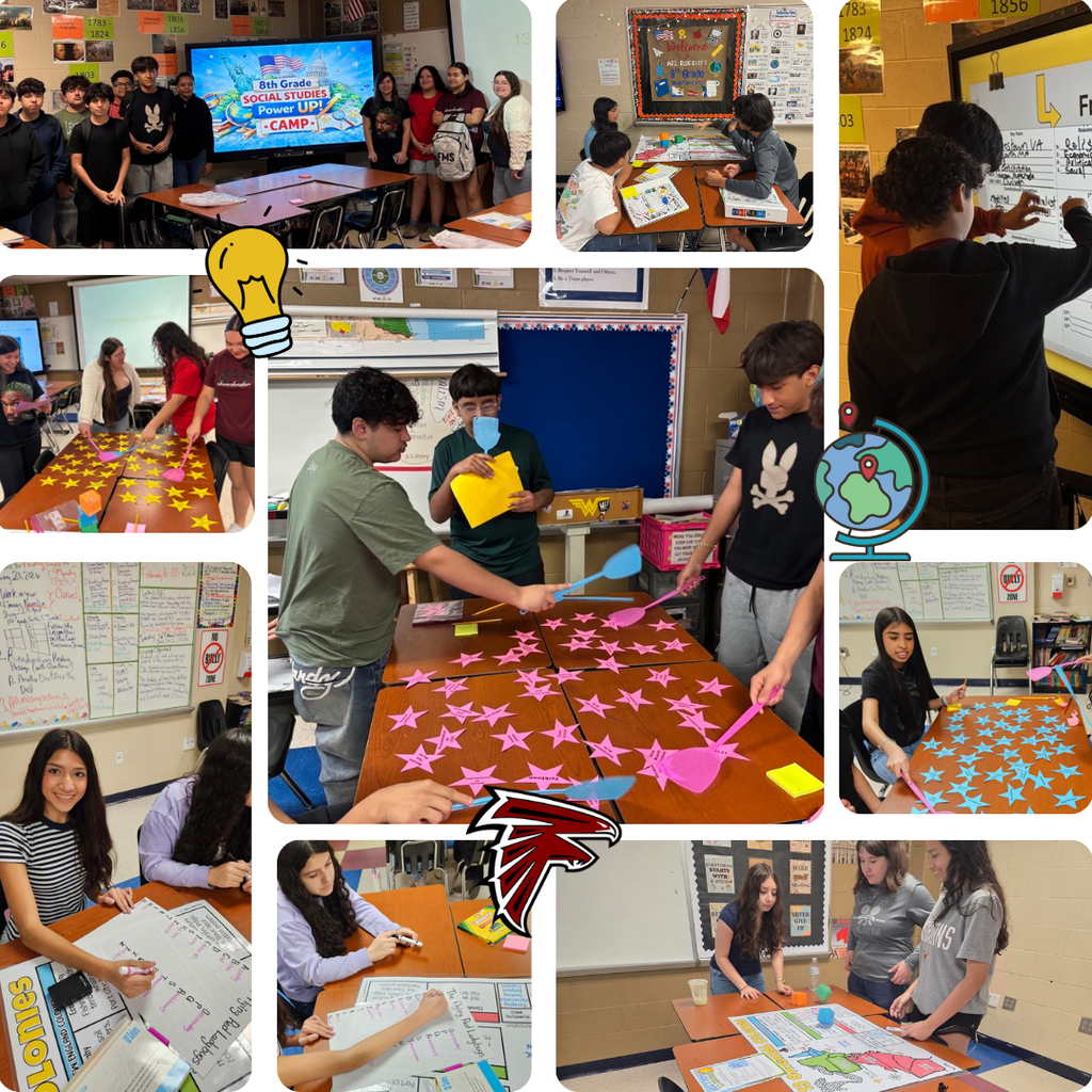 **Alt text:** Collage of Fossum 8th grade students participating in Social Studies Power Up Camp. Students collaborate at tables with colorful paper stars, use fly swatters for review games, write on whiteboards, and work on map activities. A screen reads “8th Grade Social Studies Power Up Camp,” with classroom decorations and the Fossum Falcons logo featured throughout.