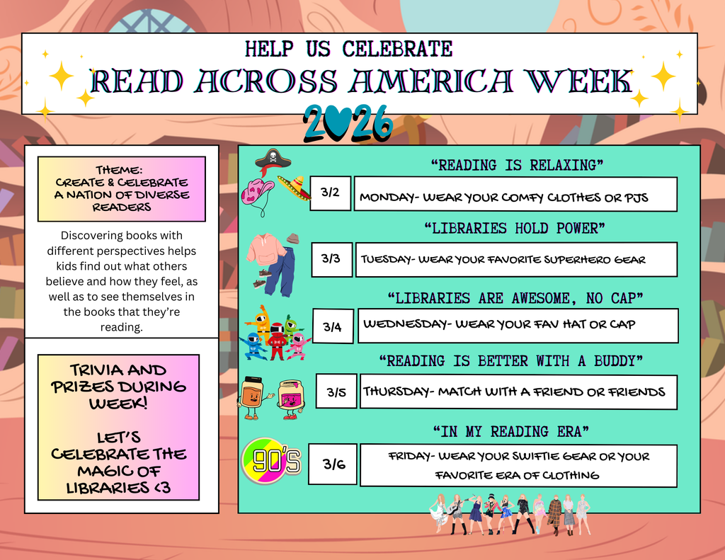 Colorful flyer promoting Read Across America Week 2026 at Fossum. Includes theme “Create & Celebrate a Nation of Diverse Readers,” daily dress-up themes from March 2–6, and mention of trivia and prizes during the week.