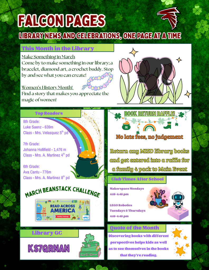 Green-themed “Falcon Pages” March library newsletter for Fossum Middle School. Highlights include Women’s History Month, makerspace activities, top readers by grade level, March Beanstack Challenge, book return raffle with no late fees, after-school club times, library Google Classroom code KS7QRNAN, and a quote about discovering books with different perspectives.