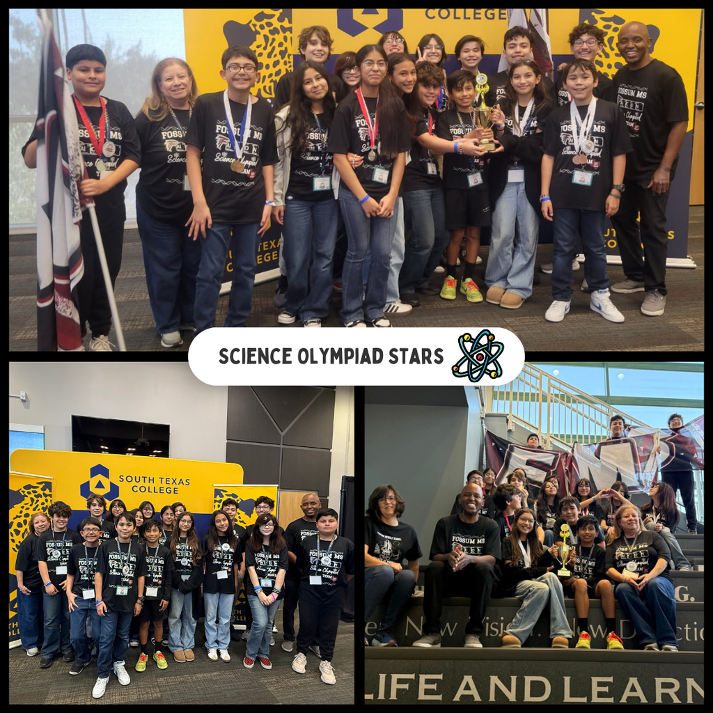 Collage celebrating Fossum Middle School Science Olympiad team at South Texas College. Students wearing matching black Fossum Science Olympiad shirts pose together with medals and a trophy. One photo shows the team holding a flag, another shows them standing in front of a South Texas College backdrop, and another shows students seated on steps smiling proudly with their awards. Text reads “Science Olympiad Stars.”