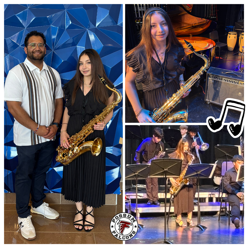 Collage celebrating a Fossum student musician. One photo shows a student in a black dress holding a gold saxophone while standing beside an adult in front of a blue geometric wall. Another shows the student on stage holding her saxophone near a grand piano and percussion instruments. A third image captures her performing with a school band, reading sheet music while other students play behind her. The Fossum Falcons logo appears at the bottom, along with a music note graphic.