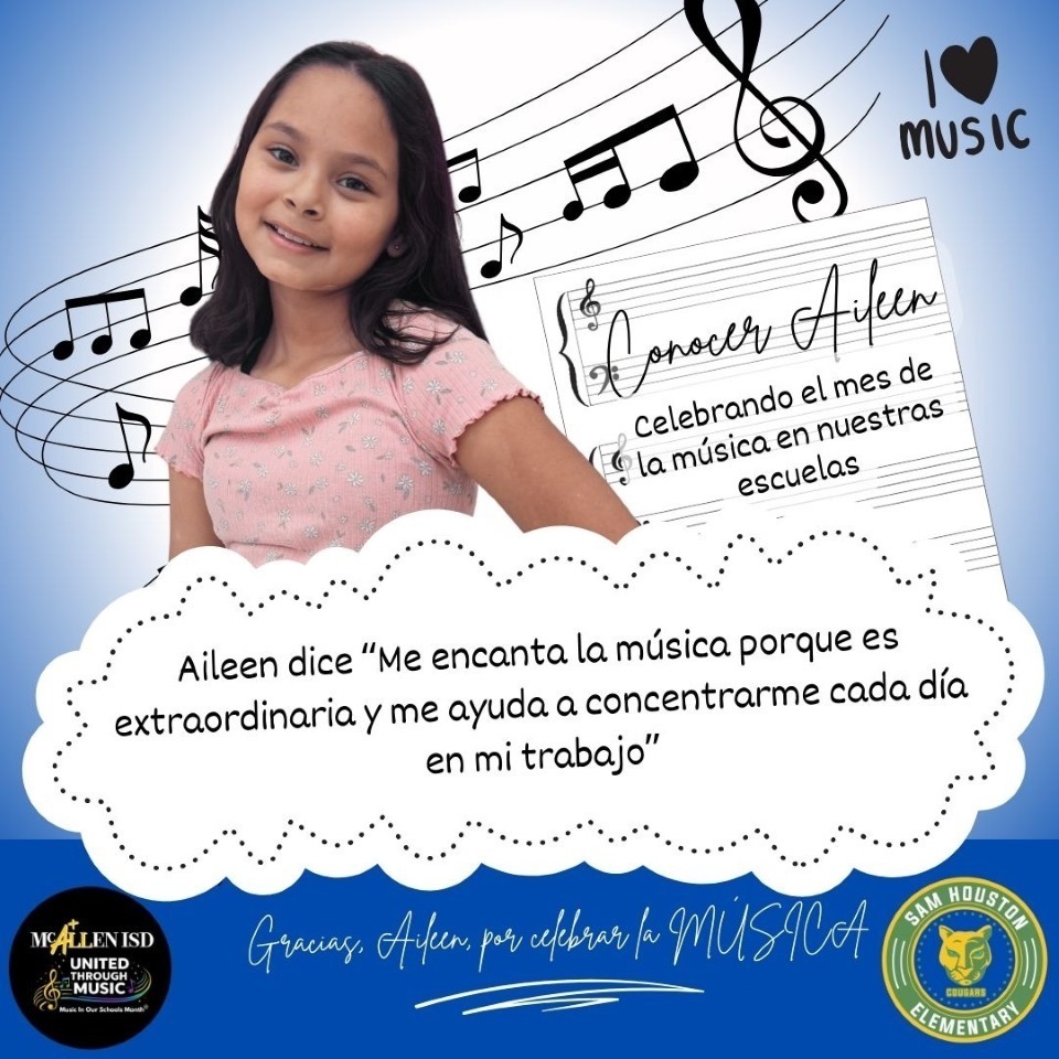 Student posing with quote about Music in Our Schools in Spanish