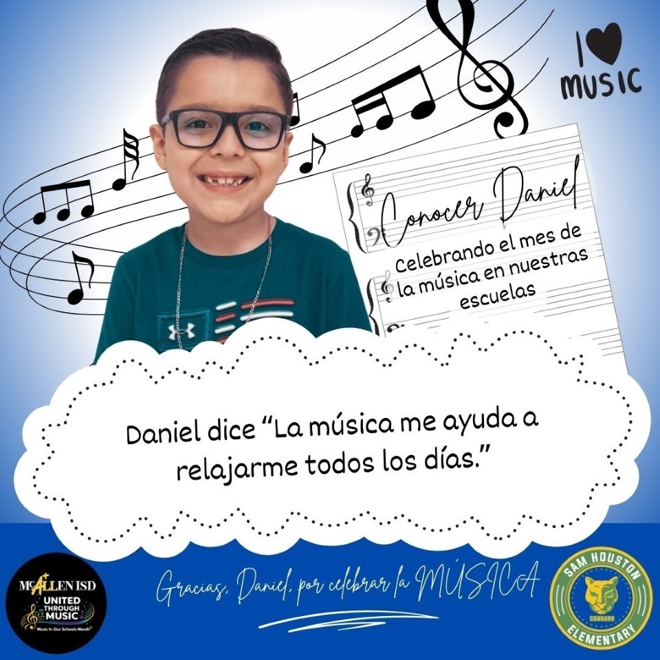 Student posing with quote about Music in Our Schools in Spanish