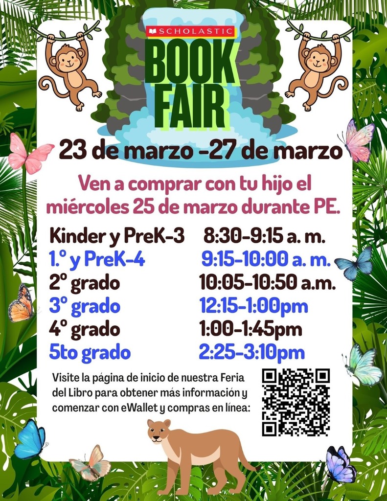 Book Fair dates and come shop with your child announcement in Spanish