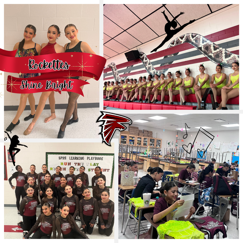 Collage celebrating Fossum dance team students. One photo shows three dancers in colorful and black performance costumes posing together. Another shows a large group of dancers in bright yellow costumes seated along gym bleachers beneath a mural of a leaping dancer. A third photo features the team in matching maroon performance outfits posing in front of a school bulletin board. The final image shows dancers in a classroom reviewing notes and preparing costumes at their desks. The Fossum Falcons logo appears in the center with decorative dance and music graphics.