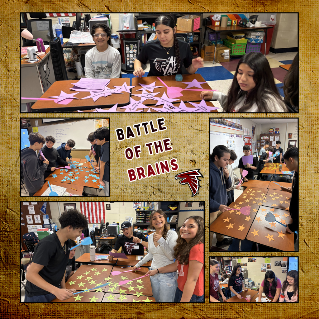 Collage of Fossum Middle School students participating in a classroom review activity titled “Battle of the Brains.” Students work in groups around classroom tables covered with colorful star-shaped cards while using paddles to sort and review social studies concepts. Several groups of students are shown discussing answers, collaborating, and smiling as they prepare for their upcoming Social Studies benchmark and STAAR tests. The graphic includes the Fossum Falcon logo and a textured tan background with multiple classroom scenes of the activity.