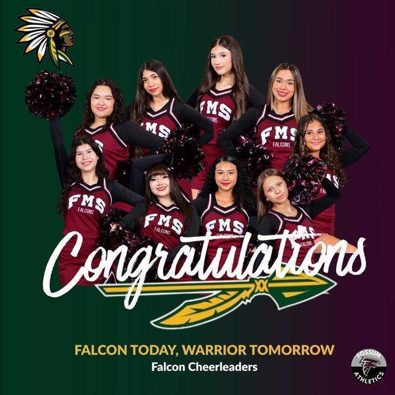 Graphic showing a group of Fossum Middle School cheerleaders in maroon and black FMS Falcons uniforms holding pom-poms. The text reads “Congratulations – Falcon Today, Warrior Tomorrow” with the words “Falcon Cheerleaders” below. The background features a green and maroon gradient with a warrior-style logo and the Fossum Athletics logo in the corner.