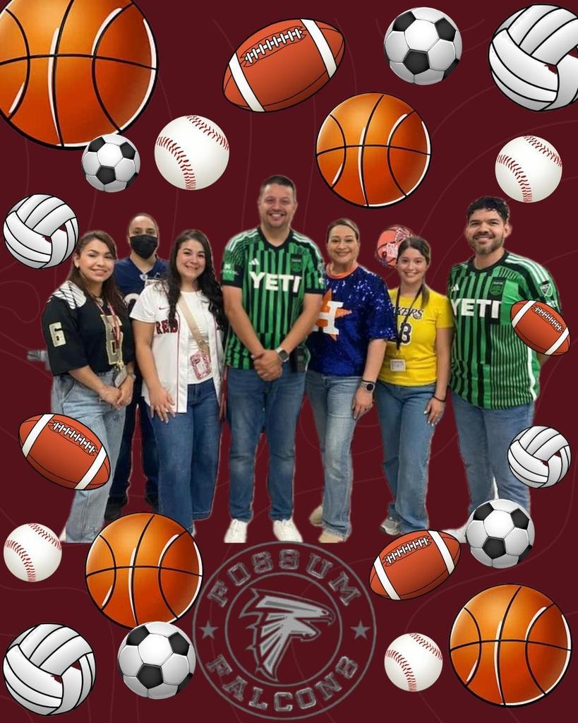 Group of Fossum Middle School staff standing together in front of a maroon background with various sports balls (basketballs, footballs, soccer balls, volleyballs, and baseballs) scattered around the design. Several staff members are wearing sports jerseys representing different teams. The Fossum Falcons logo appears faintly at the bottom of the graphic.