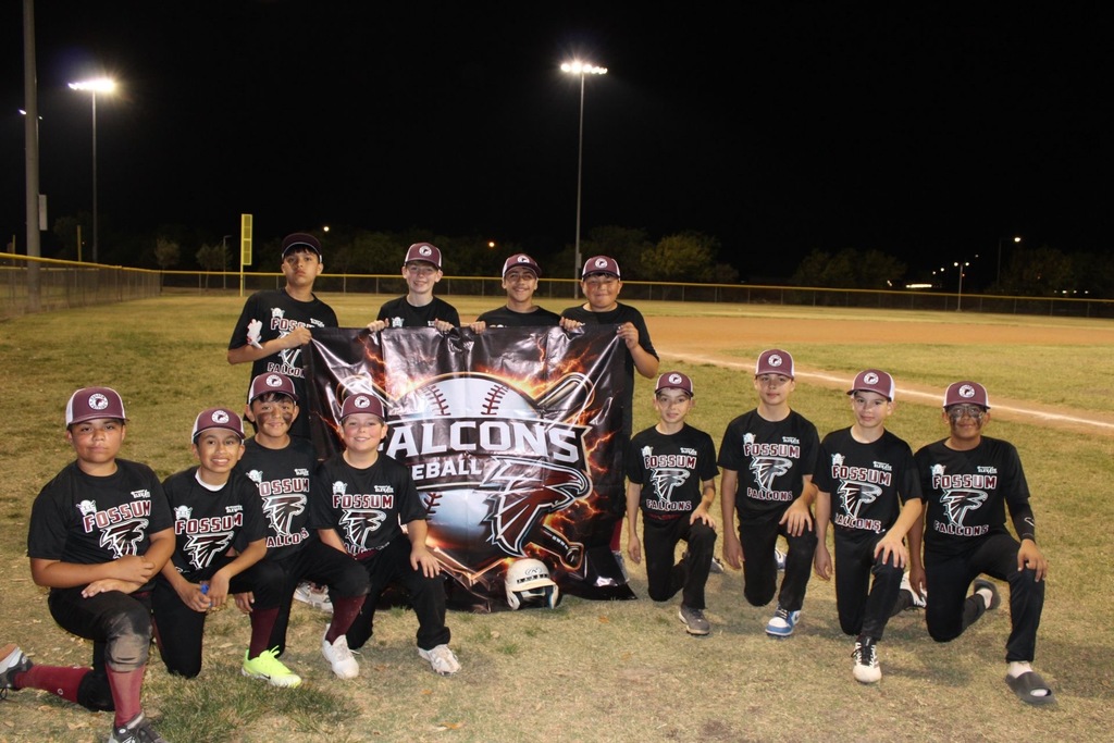 Fossum Falcons 6th grade boys ellevate baseball team poses in front of banner