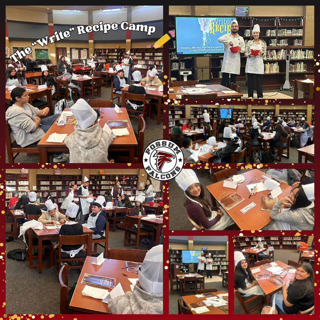 Collage of photos from a Fossum Middle School writing camp in the library titled “The Write Recipe Camp.” Students sit at tables wearing paper chef hats while working on writing activities. Two instructors stand at the front wearing aprons and holding mixing bowls in front of a screen presentation. The images show students engaged in reading and writing tasks, smiling, and participating in the themed lesson.