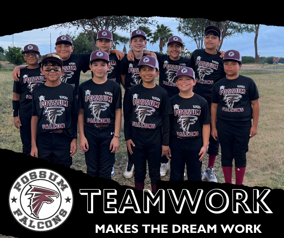 A group of approximately 11 middle school boys from the Fossum Falcons Black 6th grade Elevate baseball team pose together outdoors on a grassy field. They are wearing matching black “Fossum Falcons” shirts, maroon baseball caps, and black pants. Some players have eye black under their eyes, and several have their arms around each other, smiling. Trees and an open field are visible in the background under an evening sky. At the bottom of the image, a Fossum Falcons logo appears next to the bold text “TEAMWORK,” with the phrase “MAKES THE DREAM WORK” underneath.