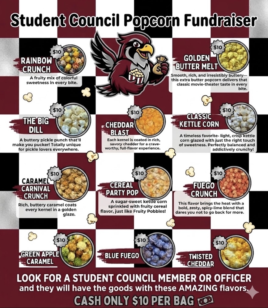 A colorful promotional flyer for a “Student Council Popcorn Fundraiser” with a red, black, and white checkered background. In the center is a cartoon falcon holding popcorn and money. Surrounding the mascot are images of different popcorn flavors, each priced at $10, including Rainbow Crunch, Golden Butter Melt, The Big Dill, Cheddar Blast, Classic Kettle Corn, Caramel Carnival Crunch, Cereal Party Pop, Fuego Crunch, Green Apple Caramel, Blue Fuego, and Twisted Cheddar. Each flavor includes a short description. At the bottom, text reads: “Look for a Student Council member or officer and they will have the goods with these amazing flavors. Cash only $10 per bag.”