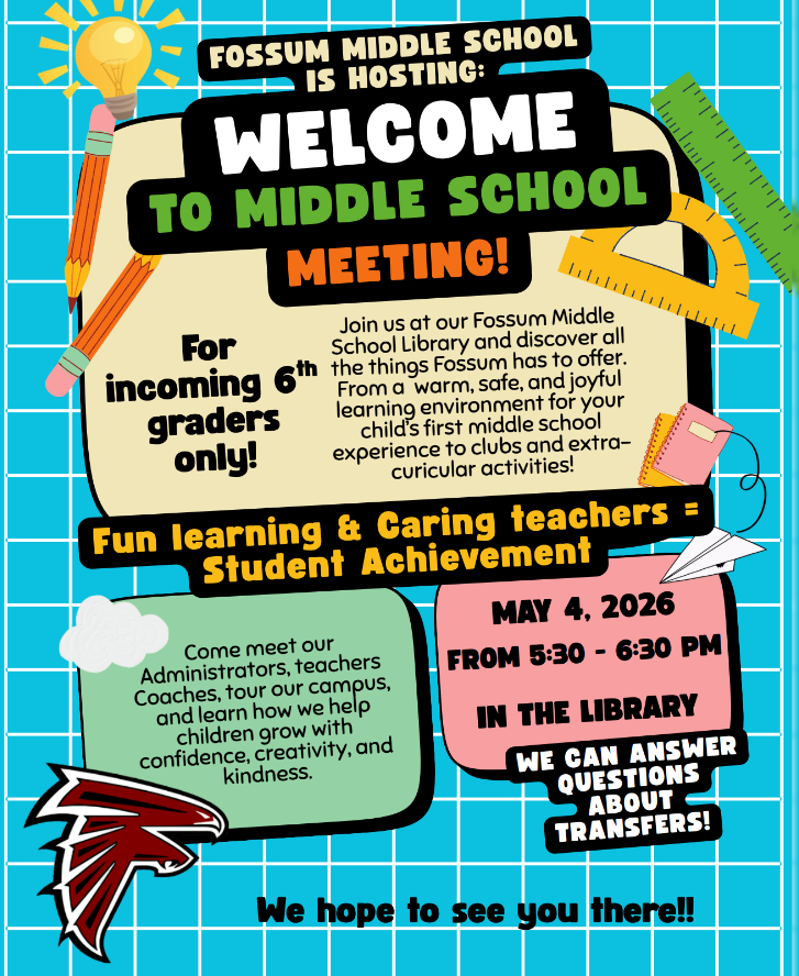  Middle school is a big step — and we want your family to feel ready! Join us for our Welcome to Middle School Meeting on May 4th from 5:30–6:30 PM in the Fossum Library. Meet our teachers, tour the campus, and get all your questions answered. Incoming 6th graders, this one's for you! 🦅 We can't wait to see you there!