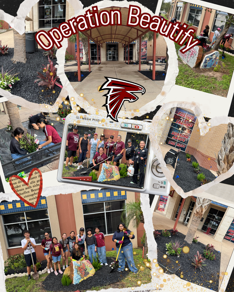 A collage of photos titled "Operation Beautify" showing Fossum Middle School students and staff working on campus landscaping and beautification. Images include groups of students posing with shovels, freshly planted garden beds, painted decorative rocks, and a refreshed school entrance. The Fossum Falcons logo is featured in the center of the collage.