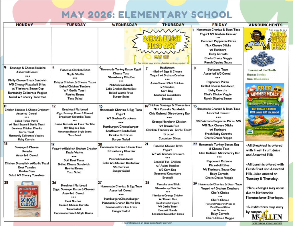 Image of Elementary School Lunch Menu