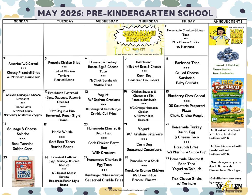 Prek Menu
