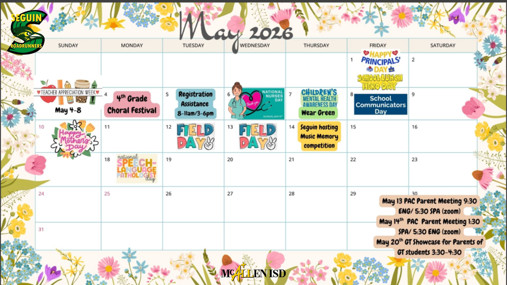 Seguin Elementary May 2026 Calendar 