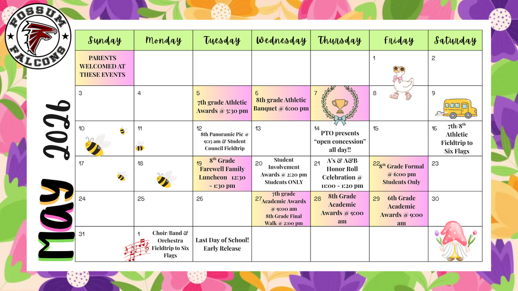 📅🦅 Falcon Families — May is PACKED and we don't want you to miss a thing! Take a look at our May 2026 calendar and mark those dates now!