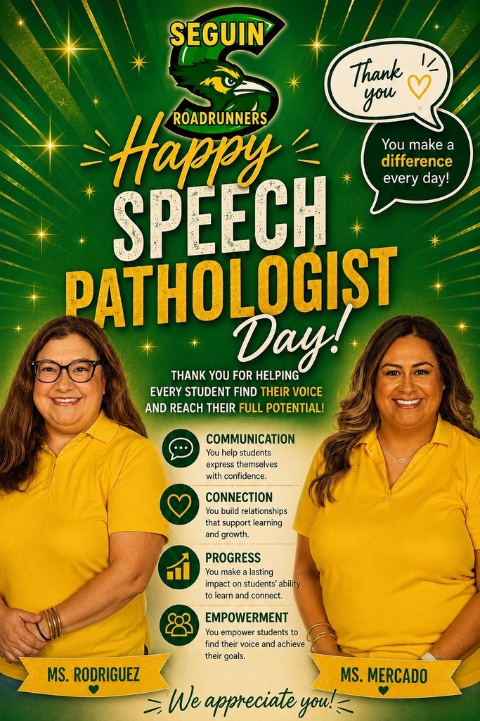 Happy Speech Pathologist Day!  Thank you for helping every student find their voice and reach their full potential! Communication You help students express themselves with confidence. Connection You build relationships that support learning and growth. Progress You make a lasting impact on students' ability to learn and connect.  Empowerment You empower students to find their voice and achieve their goals. We appreciate you!  Ms. Rodriguez and Ms. Mercado You make a difference every day! 