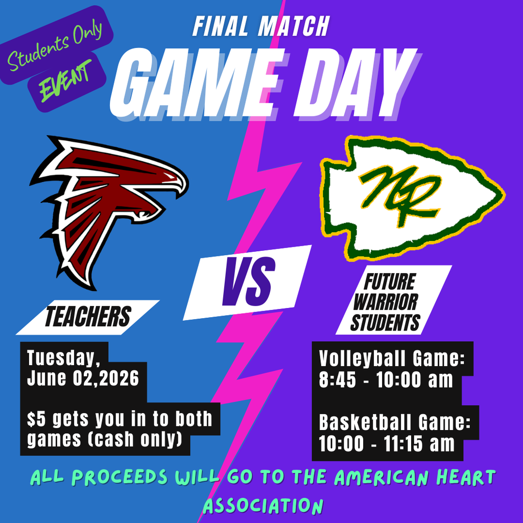 Promotional graphic for a Fossum Middle School student-only Game Day event. The graphic announces a final match between Fossum teachers and future Warrior students. The event takes place Tuesday, June 2, 2026. Volleyball is scheduled from 8:45 to 10:00 a.m., followed by basketball from 10:00 to 11:15 a.m. Admission is $5 cash only and includes both games. The graphic states that all proceeds will go to the American Heart Association and features the Fossum Falcons logo and a Warrior logo on a blue and purple background.