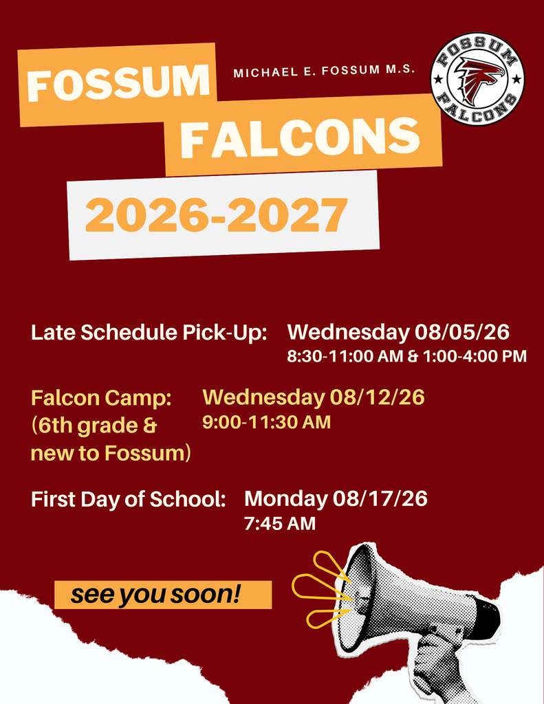 Don't forget these important upcoming dates: 📅 August 5: Late Schedule Pick-Up 🦅 August 12: Falcon Camp (6th Grade & New-to-Fossum Students) | 9:00–11:30 AM 🎉 August 17: First Day of School | Classes begin at 7:45 AM  We can't wait to welcome everyone back and make this our best year yet. See you soon, Falcons! 