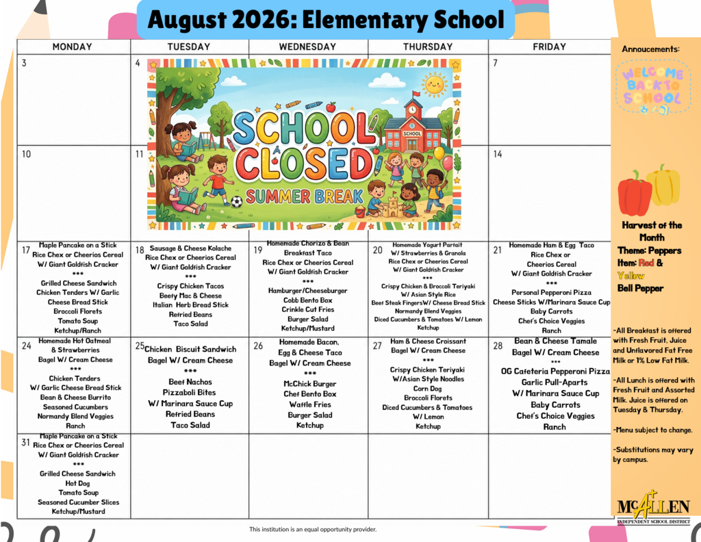 Image of the August lunch menu.