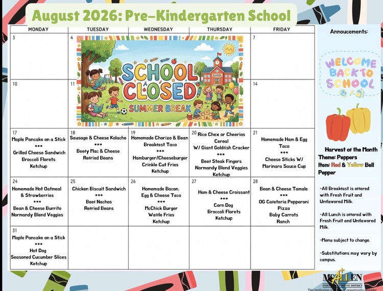 PreK menu