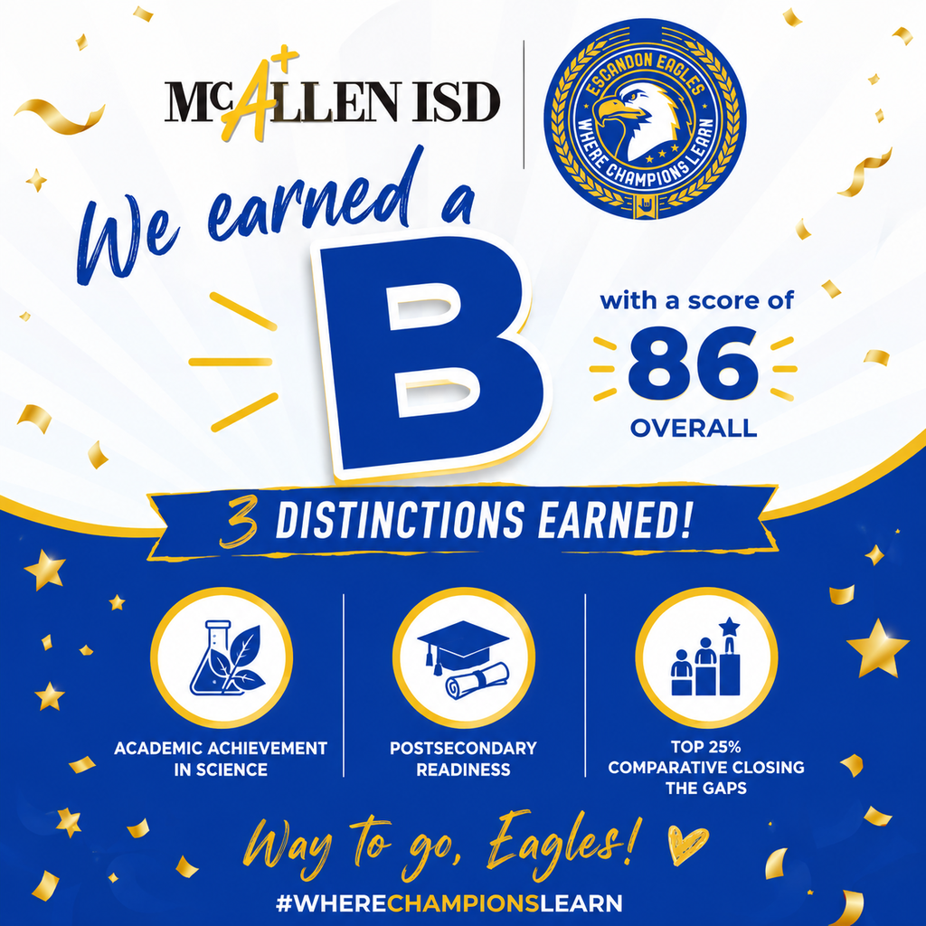 We are SO proud to celebrate an overall rating of B with a score of 86! 🎉  This accomplishment reflects the hard work, dedication, and commitment of our students, teachers, staff, and families at Escandon Elementary. We are especially excited to celebrate our 3 distinctions:  🏆 Academic Achievement in Science 🎓 Postsecondary Readiness 📈 Top 25% Comparative Closing the Gaps  These achievements are a testament to what happens when we work together with purpose and determination. We are proud of how far our Eagles have soared—and we’re just getting started! 🦅✨  Congratulations, Escandon Eagles! BOLD. BRILLIANT. SOARING TOGETHER. 💙💛  #EscandonEagles #TogetherWeSoar #WeAreEscandon #MISD #SchoolPride #SoaringToSuccess