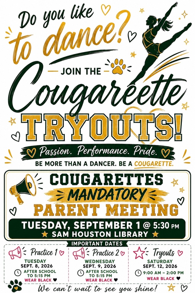 Flyer for Cougarettes Mandatory Parent Meeting in English