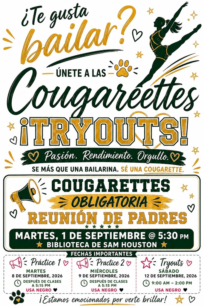 Flyer for Cougarettes Mandatory Parent Meeting in English