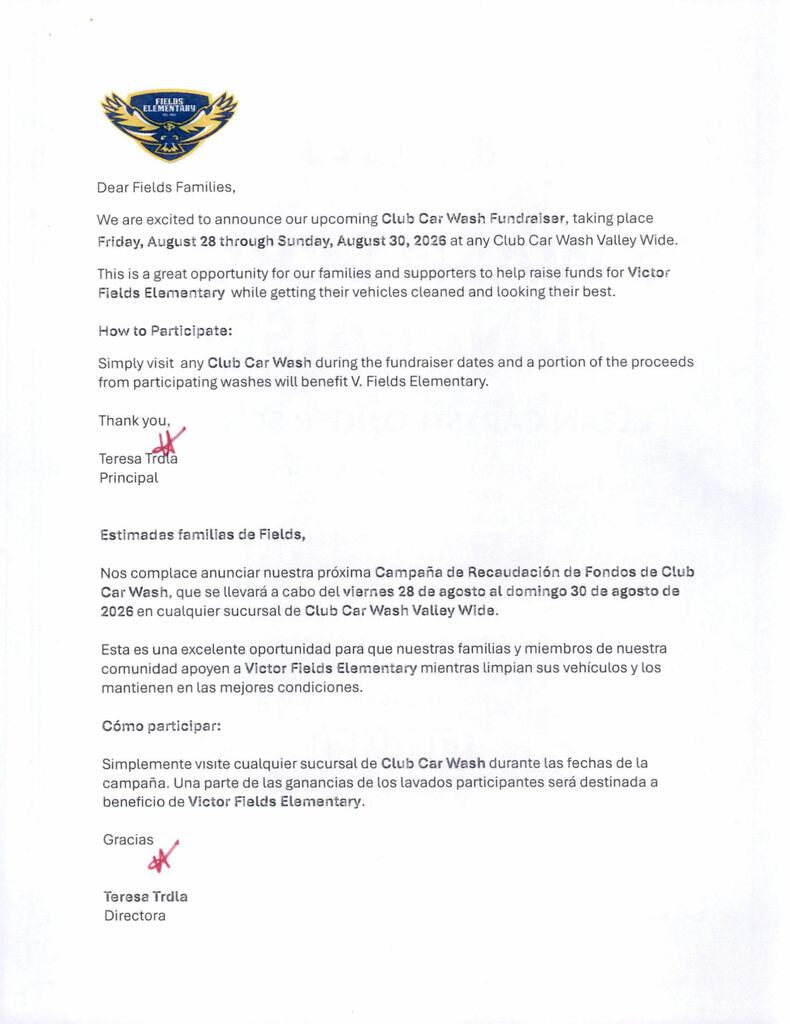 Club Car Wash Fundraiser Note