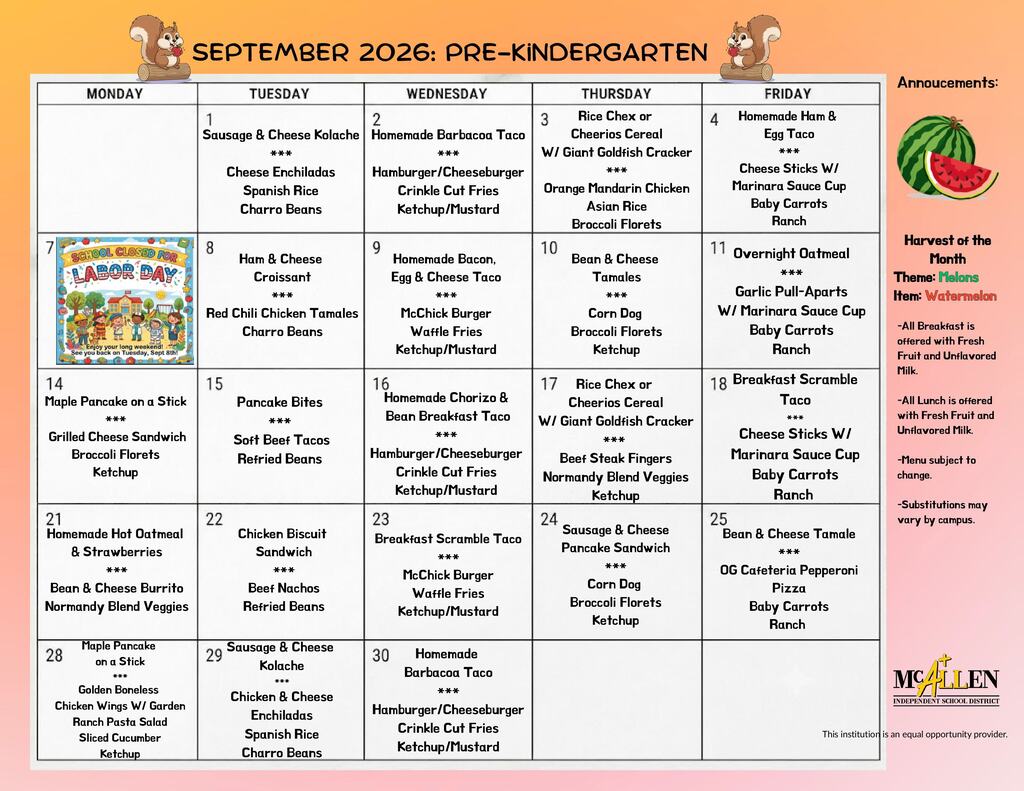 Pre-K Menu
