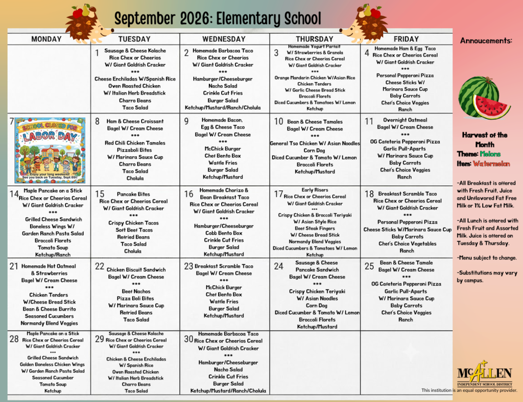 Image of Elementary Menu