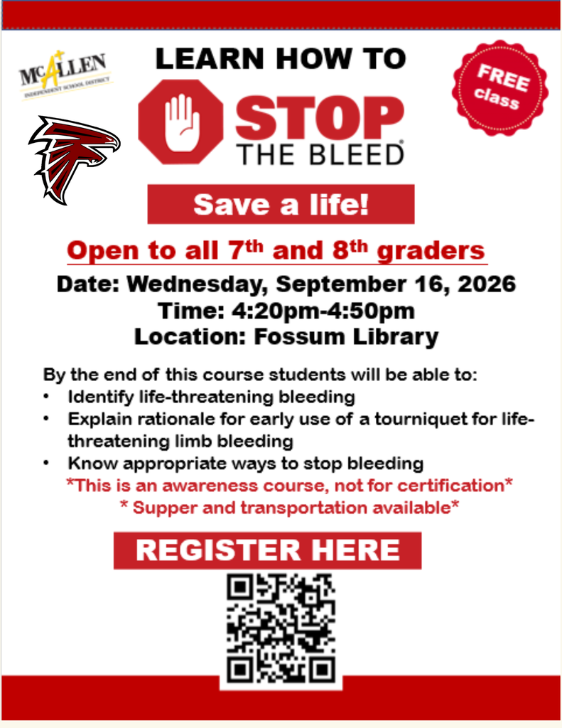 🩸❤️ LEARN HOW TO STOP THE BLEED! ❤️🩸  Knowledge can make a difference when every second counts! Students in 7th & 8th grade are invited to attend this FREE Stop the Bleed awareness course and learn important skills for recognizing and responding to life-threatening bleeding.  📅 Wednesday, September 16, 2026 ⏰ 4:20–4:50 PM 📍 Fossum Library 🚌 Supper & transportation available!  This is an awareness course, not a certification course.  👉 Register today! Use the QR code on the flyer to sign up.