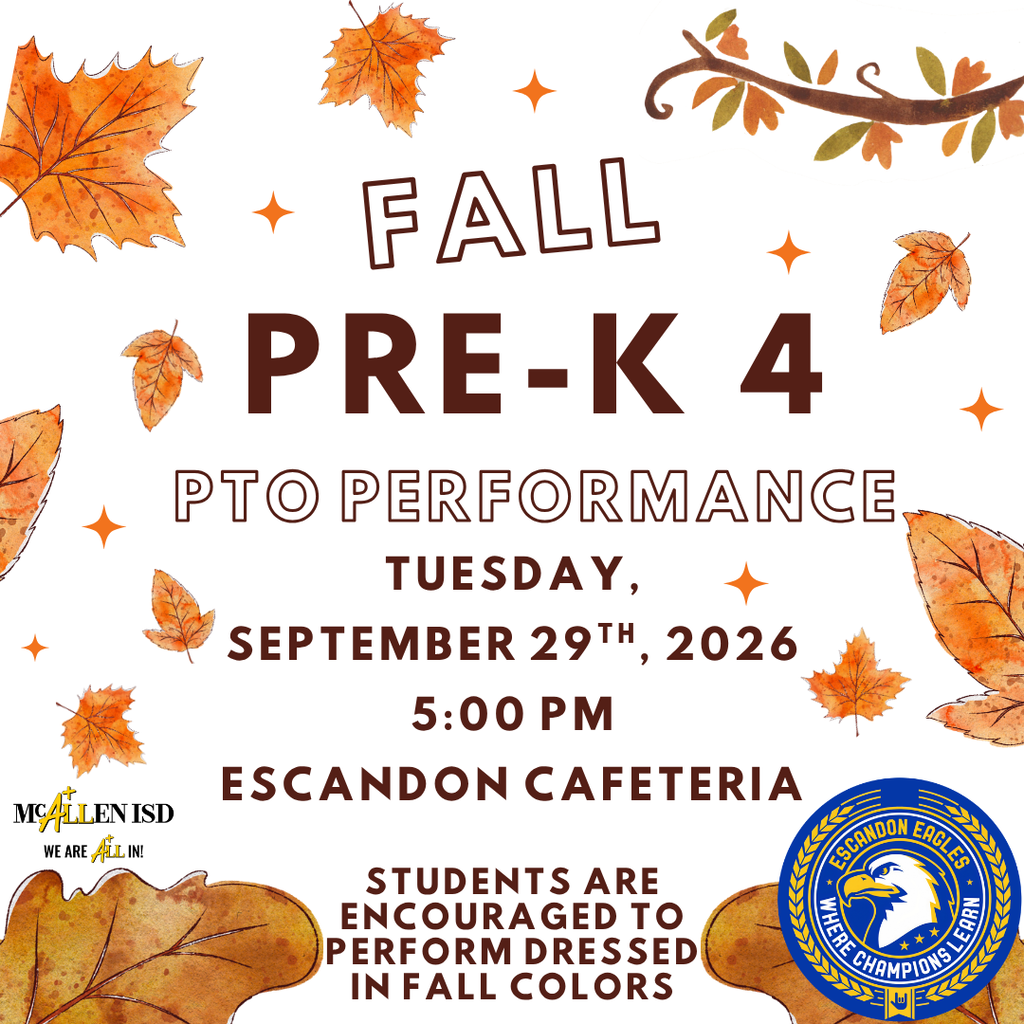 You're invited to our first PTO Meeting of the year! This meeting will include a special performance from our littlest Eagles! Headstart PreK4 and PreK will be performing and are encouraged to show up dressed in fall colors! We are so excited to kick off an amazing year full of partnership with our outstanding PTO! #PreKPerformance #PTO #WeAreALLin