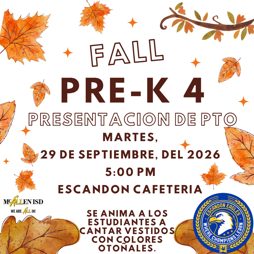 You're invited to our first PTO Meeting of the year! This meeting will include a special performance from our littlest Eagles! Headstart PreK4 and PreK will be performing and are encouraged to show up dressed in fall colors! We are so excited to kick off an amazing year full of partnership with our outstanding PTO! #PreKPerformance #PTO #WeAreALLin