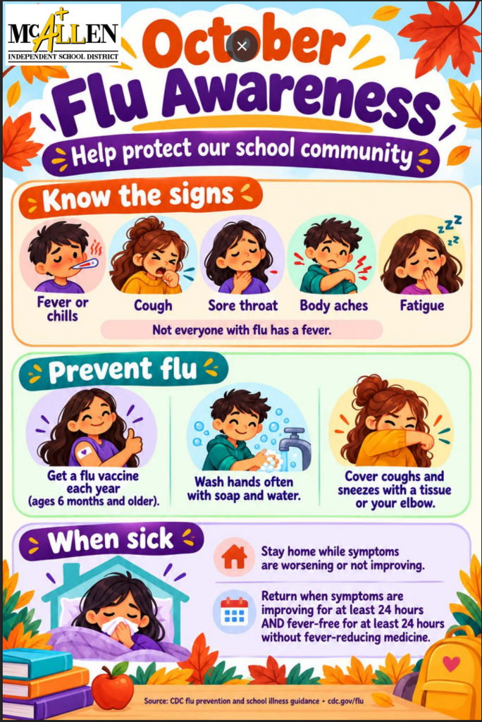 McAllen ISD October Flu Awareness Help protect our school community Know the signs Prevent flue when sick 