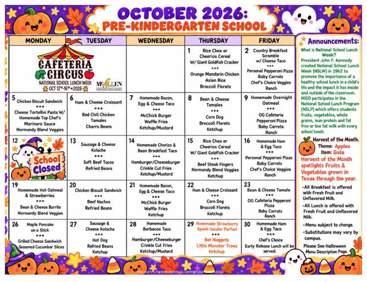 Pre-K Lunch Menu