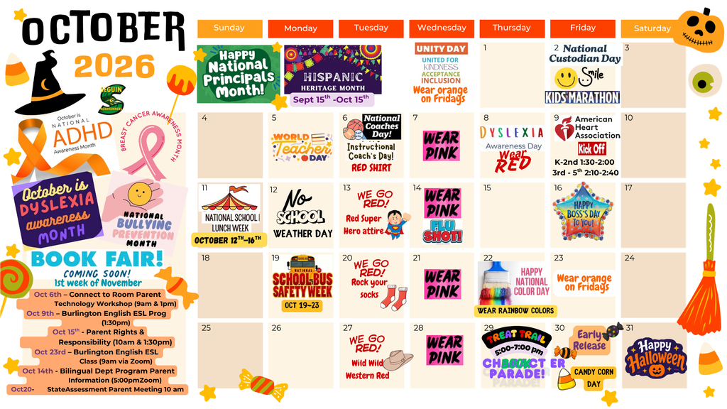 Seguin Elementary October 2026 Calendar