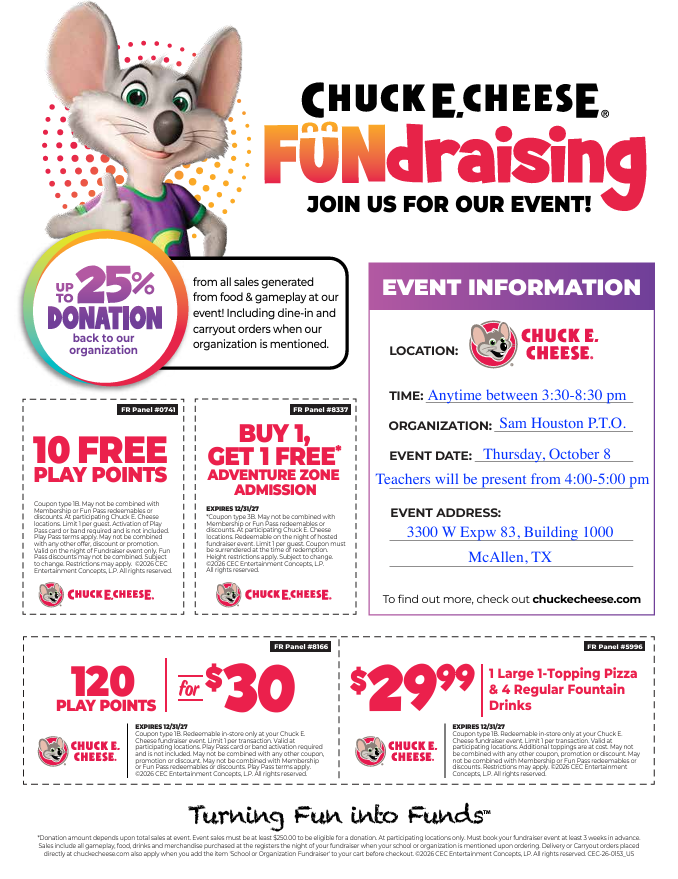 Flyer for Chuck E. Cheese Family Night
