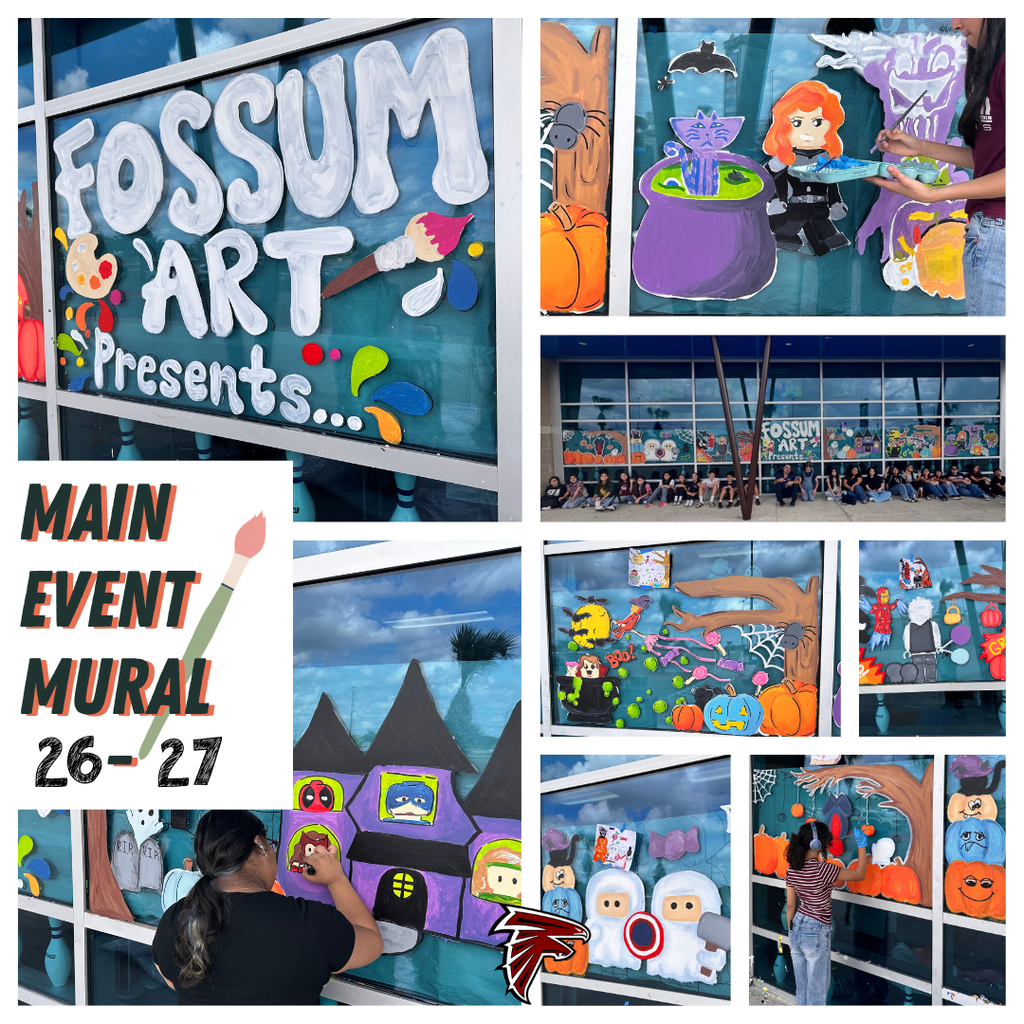 Fossum visual art students halloween mural at Main Event, Pharr. Avengers lego themed 
