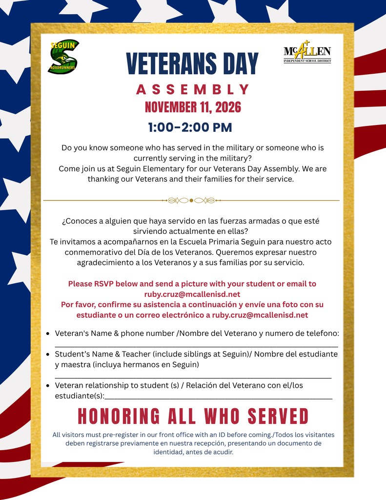 Veterans Day Assembly November 11, 2026 1-2 p.m.