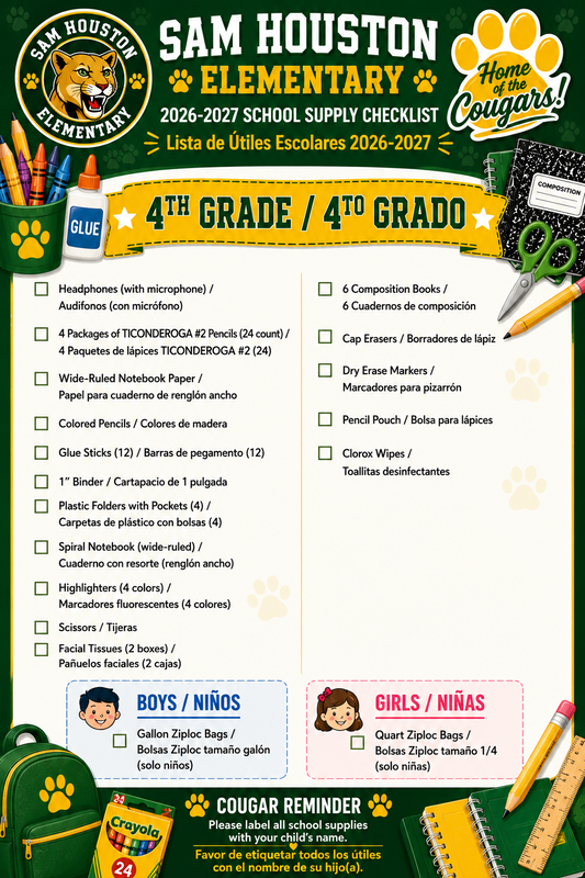 Image of 4th grade Supply List
