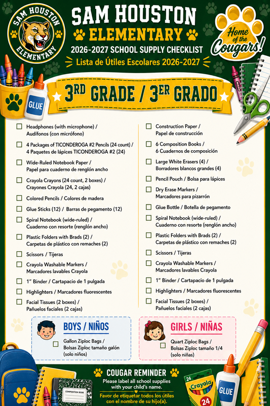 Image of 3rd grade Supply List