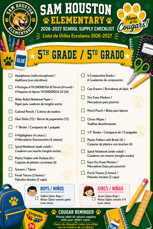 Image of 5th grade Supply List