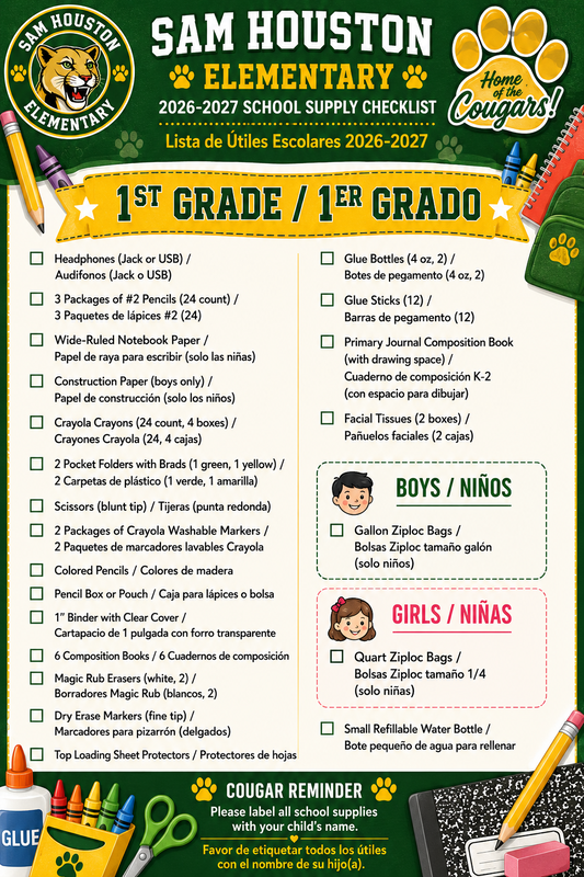 Image of 1st grade Supply List