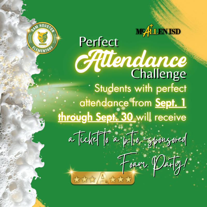 Green background with image of foam and information about the perfect attendance challenge in English