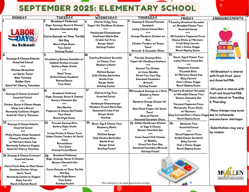 Lunch Menu for the Month of September
